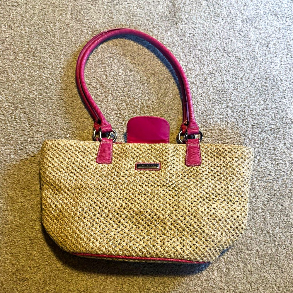 Rosetti Natural & Pink Woven Satchel Top Handle, Zip/Magnetic, Lined